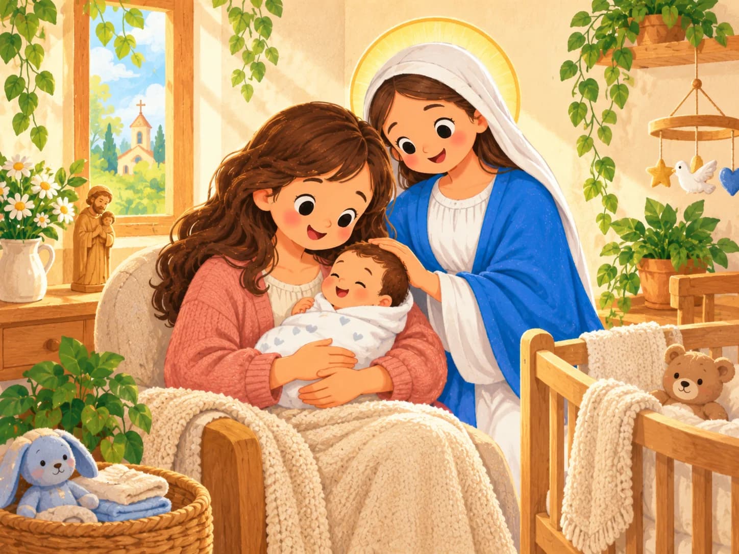 Mãe com bebê sendo acolhida, com Nossa Senhora como referência delicada.