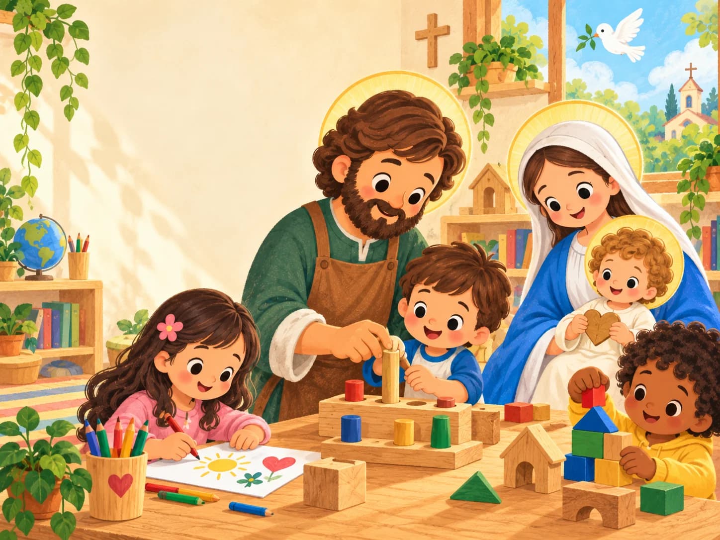 São José ensinando uma criança na oficina, junto de Nossa Senhora, Menino Jesus e outras crianças.