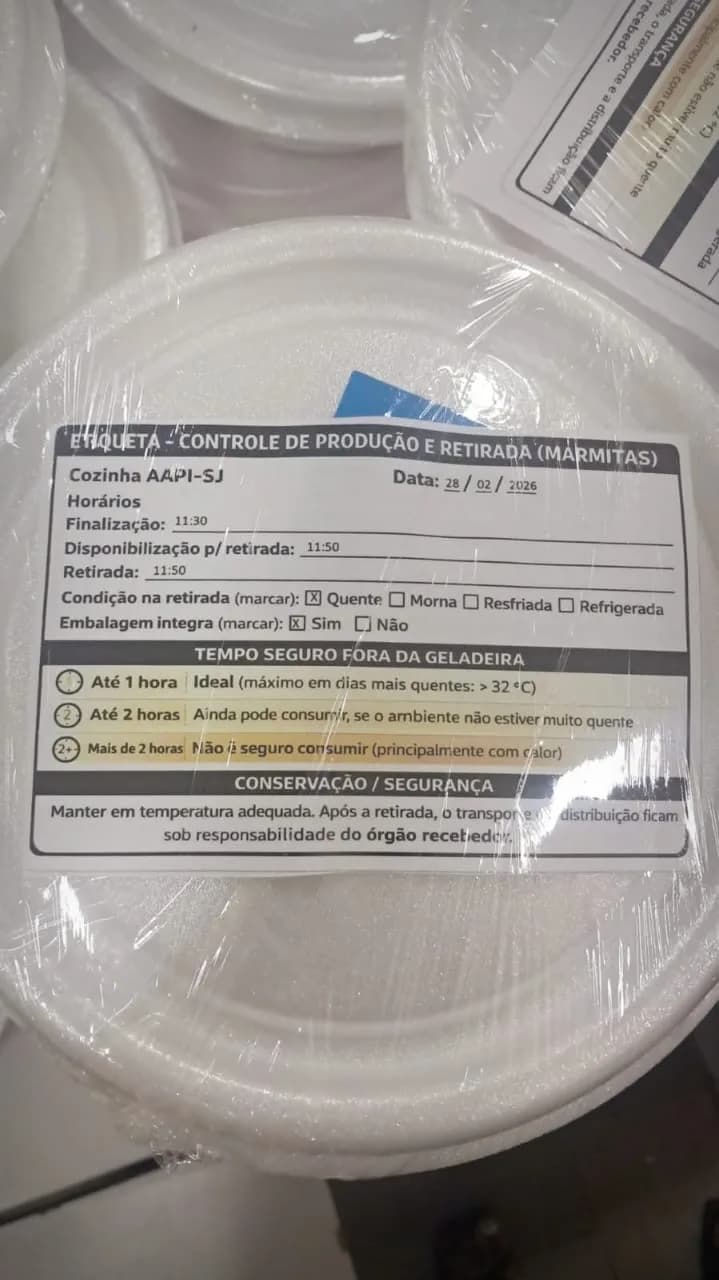 Etiqueta de controle de produção e retirada das marmitas da Cozinha AAPI-SJ
