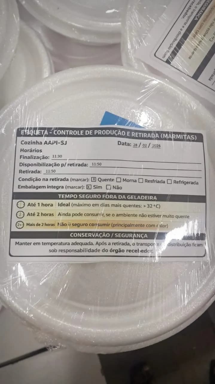 Etiqueta de controle de produção e retirada das marmitas da Cozinha AAPI-SJ