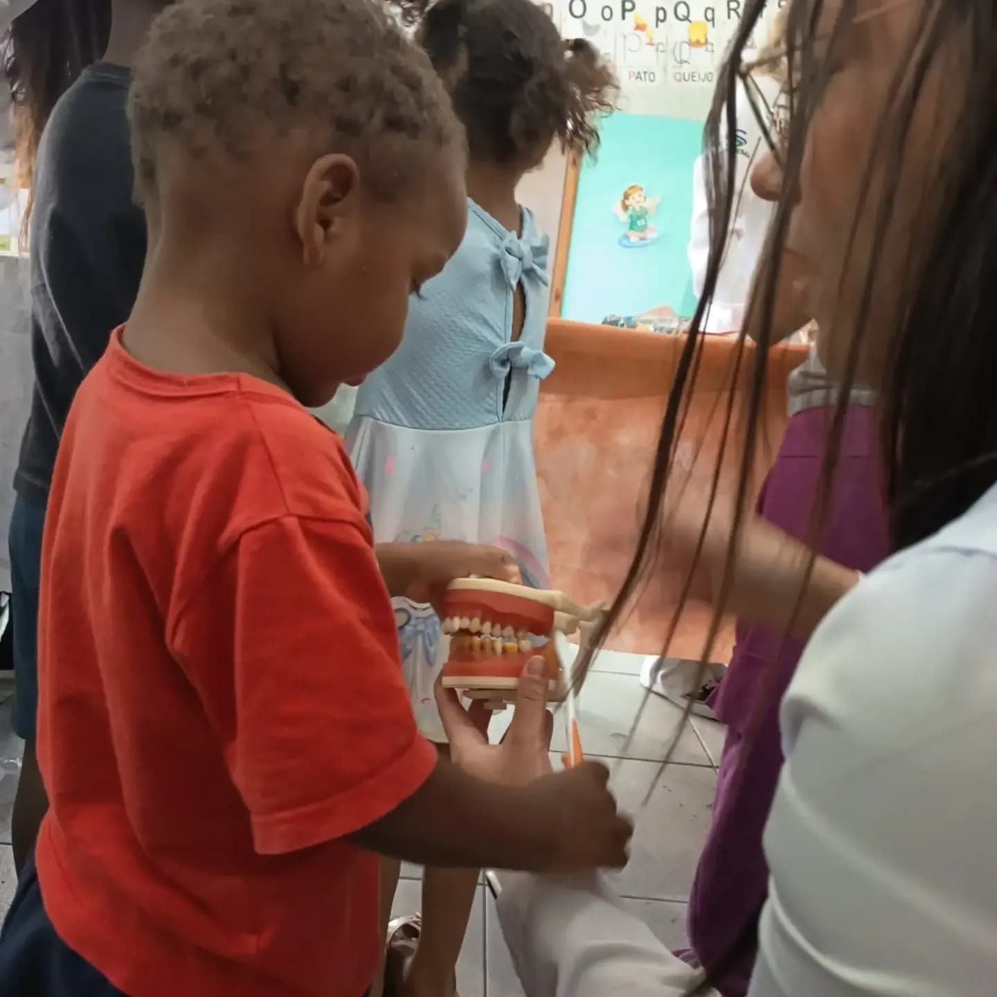 Menino olhando um modelo de arcada dentária