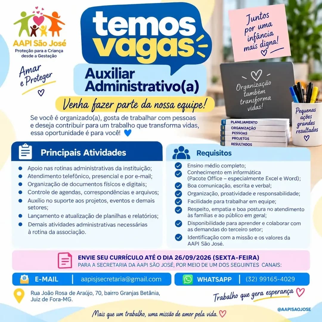 Anúncio de vaga: AAPI São José contrata Auxiliar Administrativo(a).