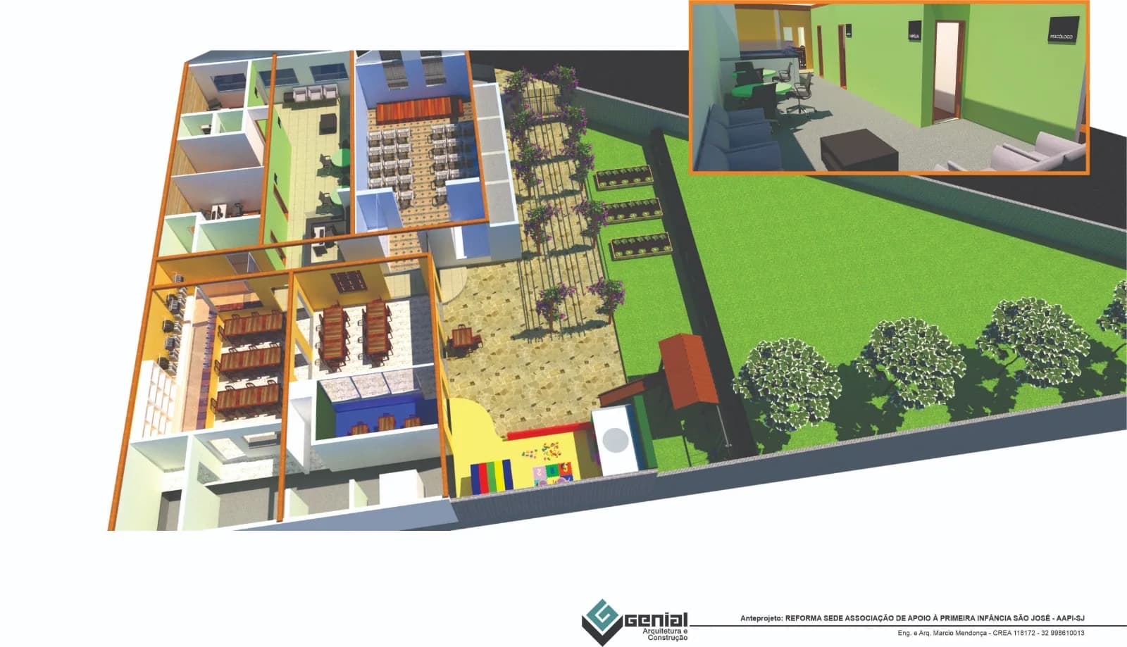 Anteprojeto da reforma da sede: vista em perspectiva, com jardim e sala de atendimento