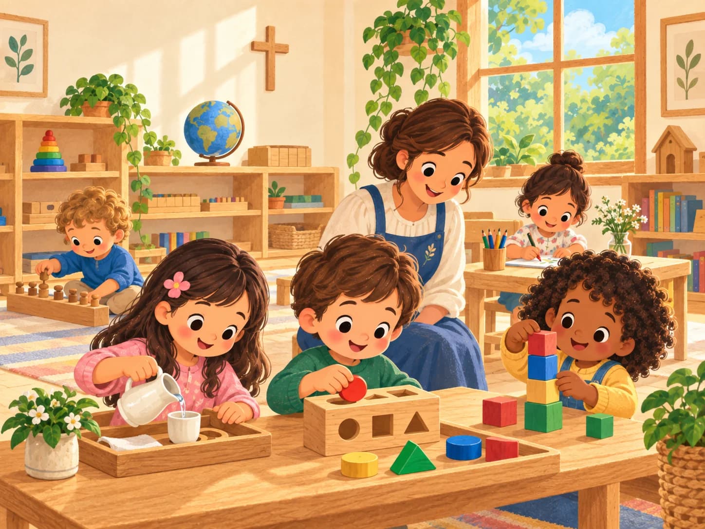 Crianças e educadora explorando materiais Montessori em um ambiente preparado.